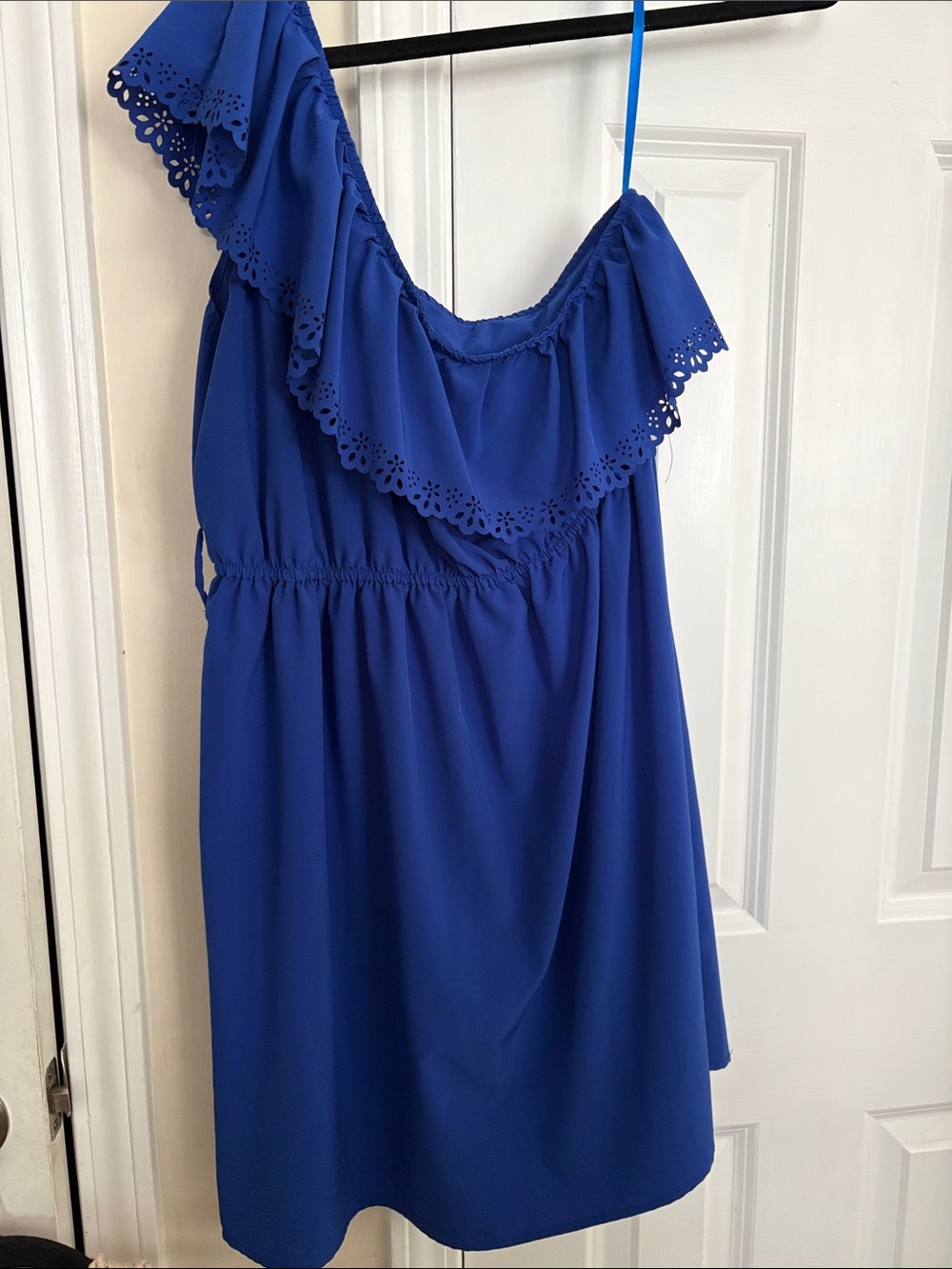 Rhapsody Royal Blue One-Shoulder Ruffle Blouse